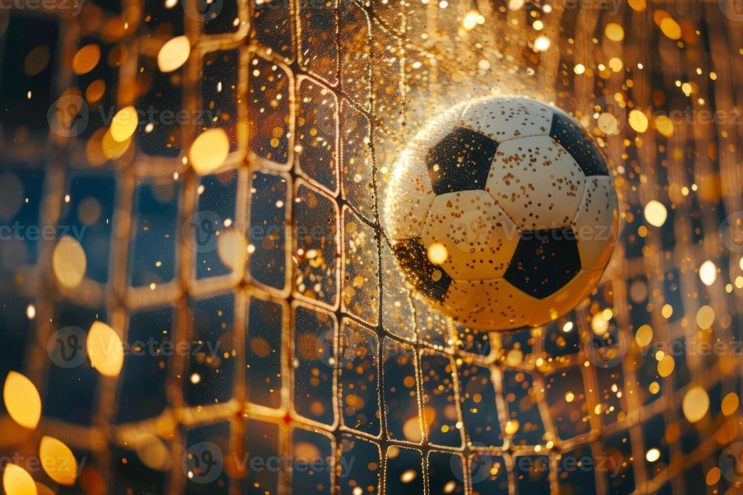 AI generated Soccer ball being kicked into the goal net with golden sparkling confetti and glitter. Generative AI photo