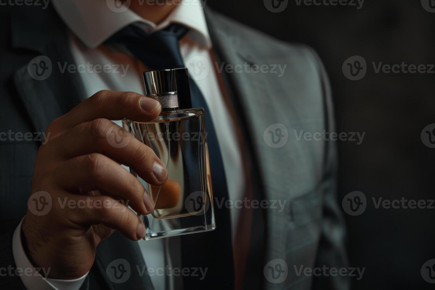 AI generated Man in a formal suit holds a bottle of perfume. Generative AI photo