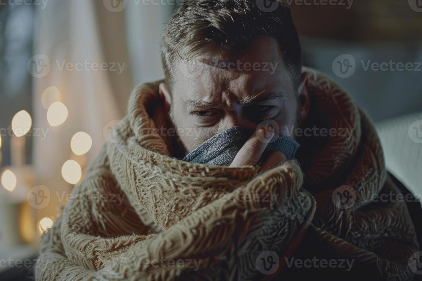 AI generated Sick man covered in warm blanket sitting on couch in living room, sneezing nose with napkin. Generative AI photo