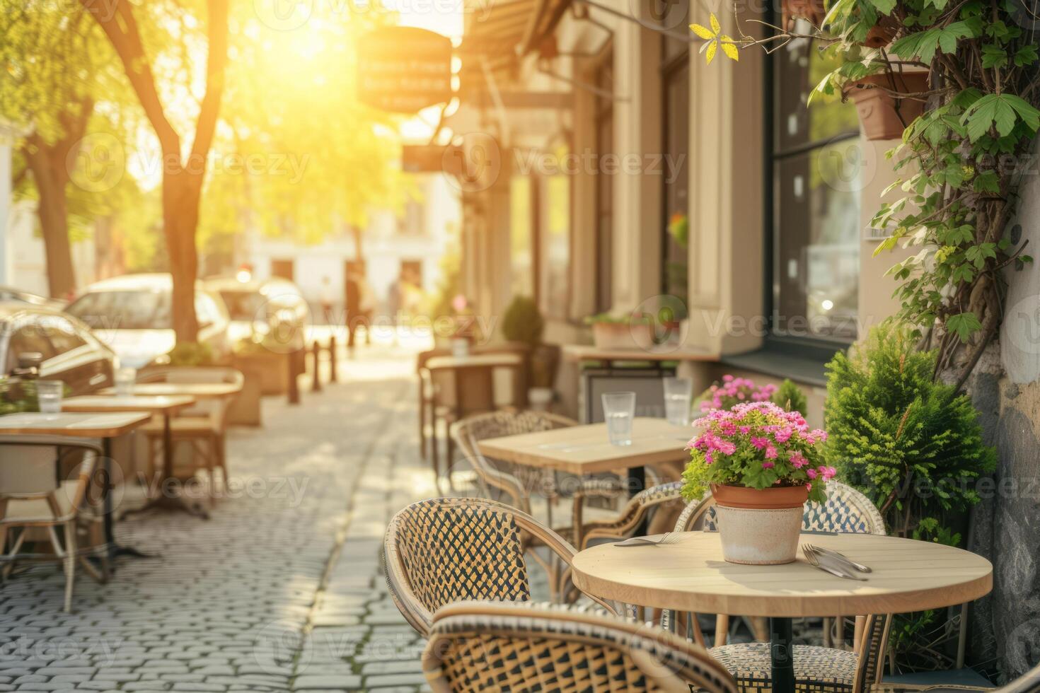 ai generado al aire libre vacío restaurante terraza con mesas y sillas. café con mesas afuera. generativo ai foto