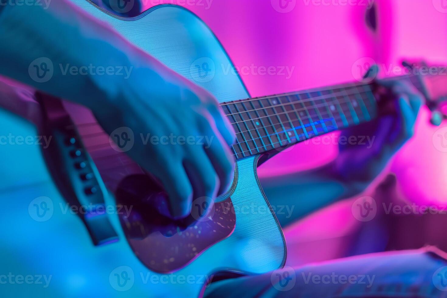 AI generated Closeup of a guitar player in the studio playing a song. Generative AI photo