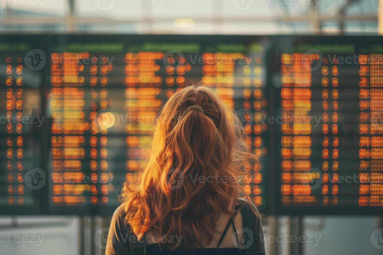 AI generated Rear view of a woman looking at arrival departure board. Generative AI photo