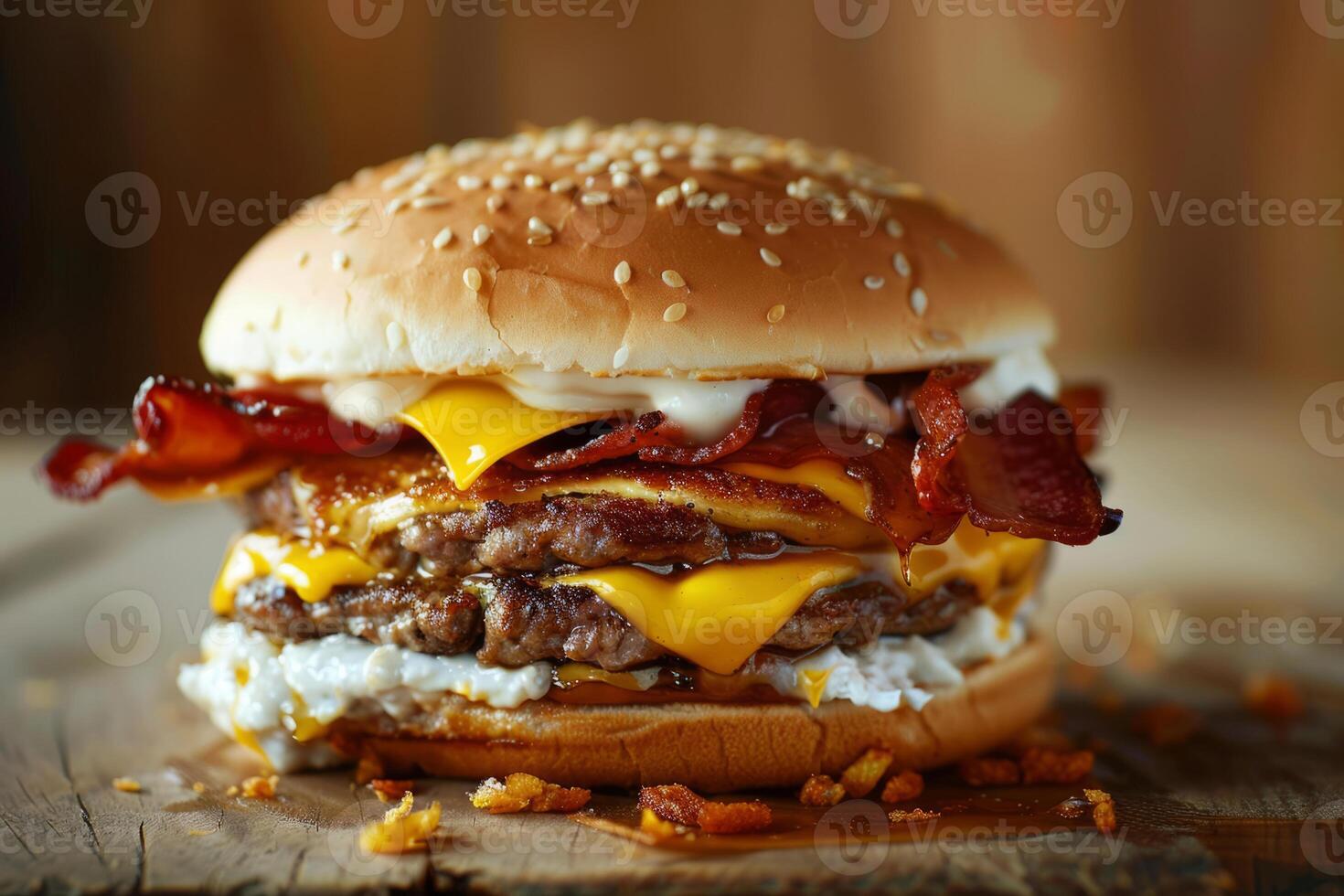 AI generated Fresh tasty burger with beef patty on wood table. Generative AI photo