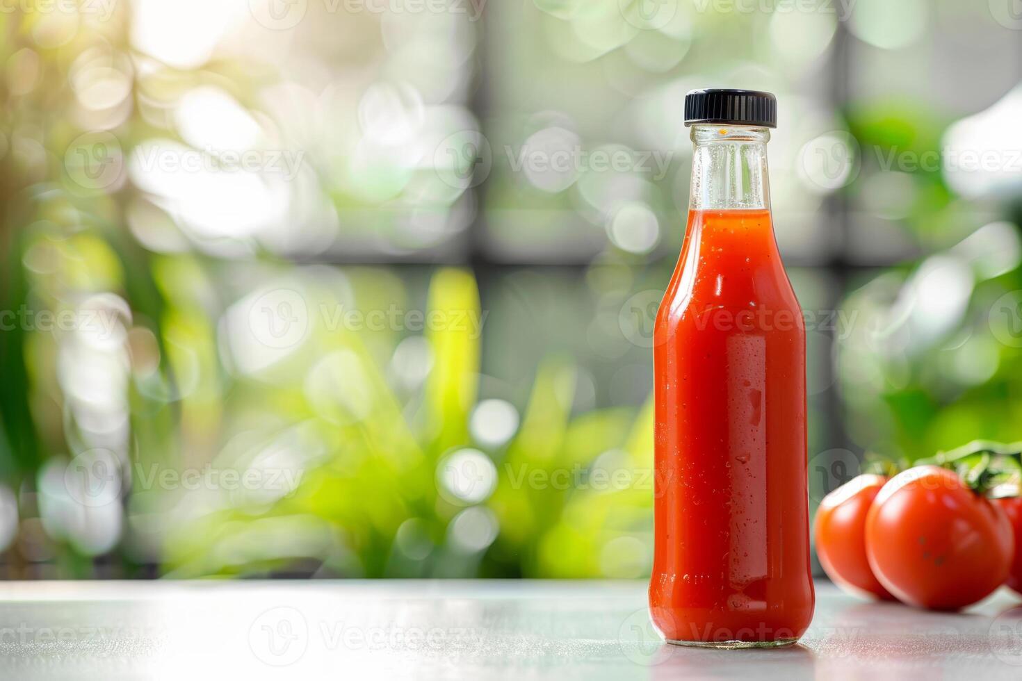 AI generated Bottle of tomato juice stand on a table with fresh tomatoes in the background. Generative AI photo