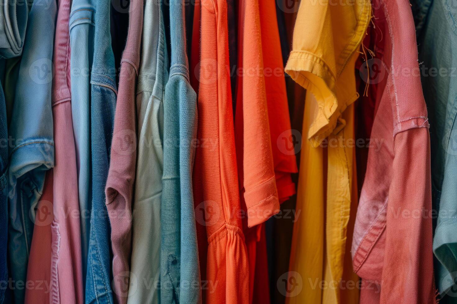 AI generated Open closet with unorganized random colorful hanging clothes. Generative AI photo