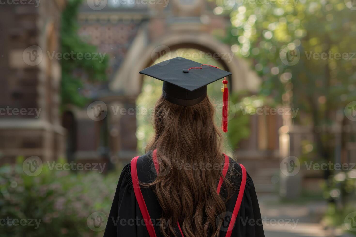 AI generated Rear view of woman in graduation attire near university. Generative AI photo