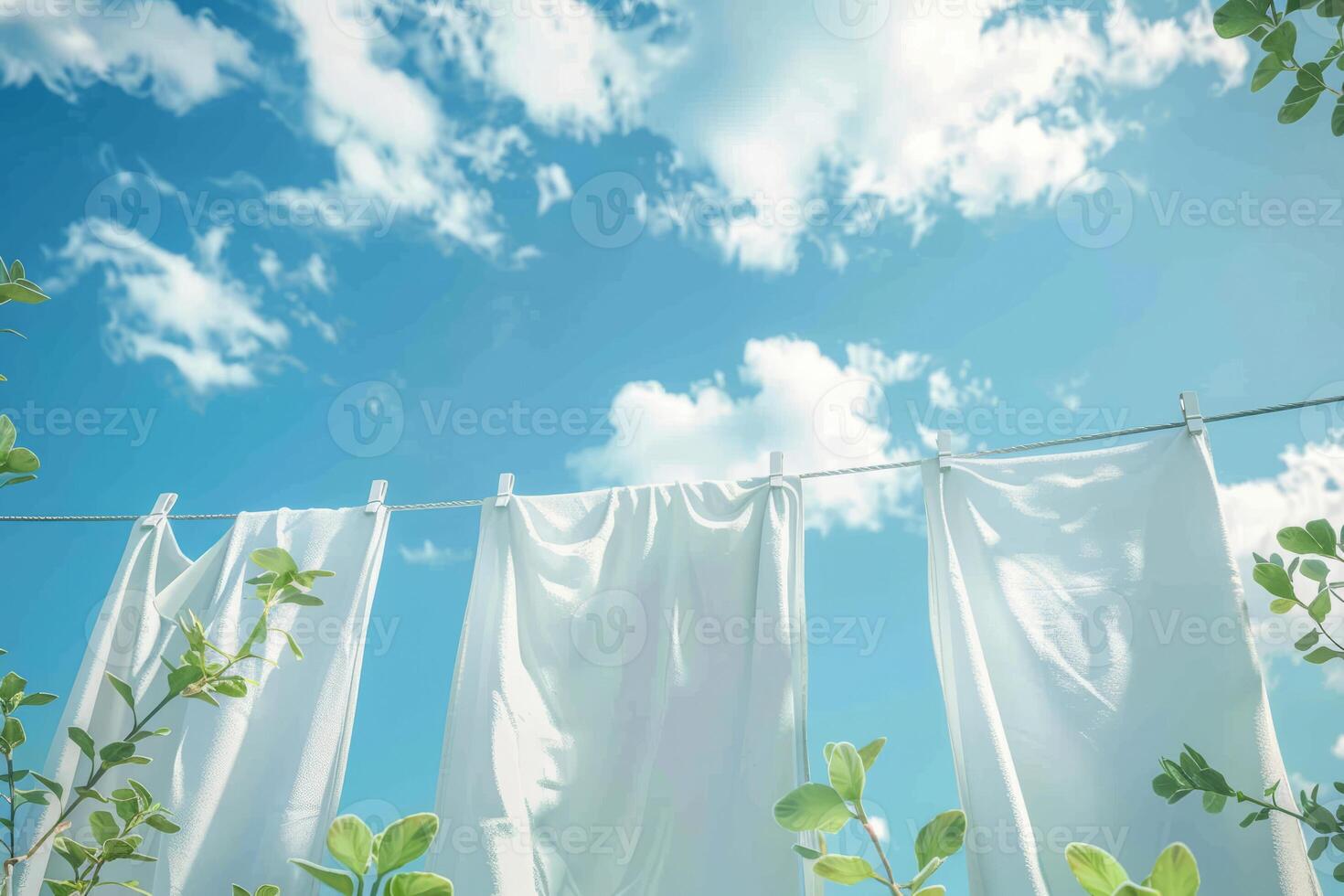 AI generated Dry clothes hanging on a laundry rope outside with green plants and a blue sky in the background. Generative AI photo