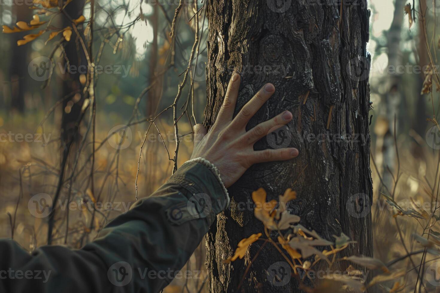 AI generated Hand touching big tree trunk in the forest. Generative AI photo