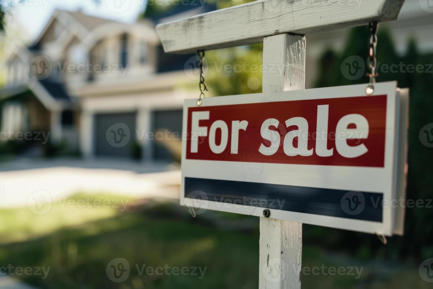 AI generated For sale sign in focus with a blurred house in the background. Generative AI photo