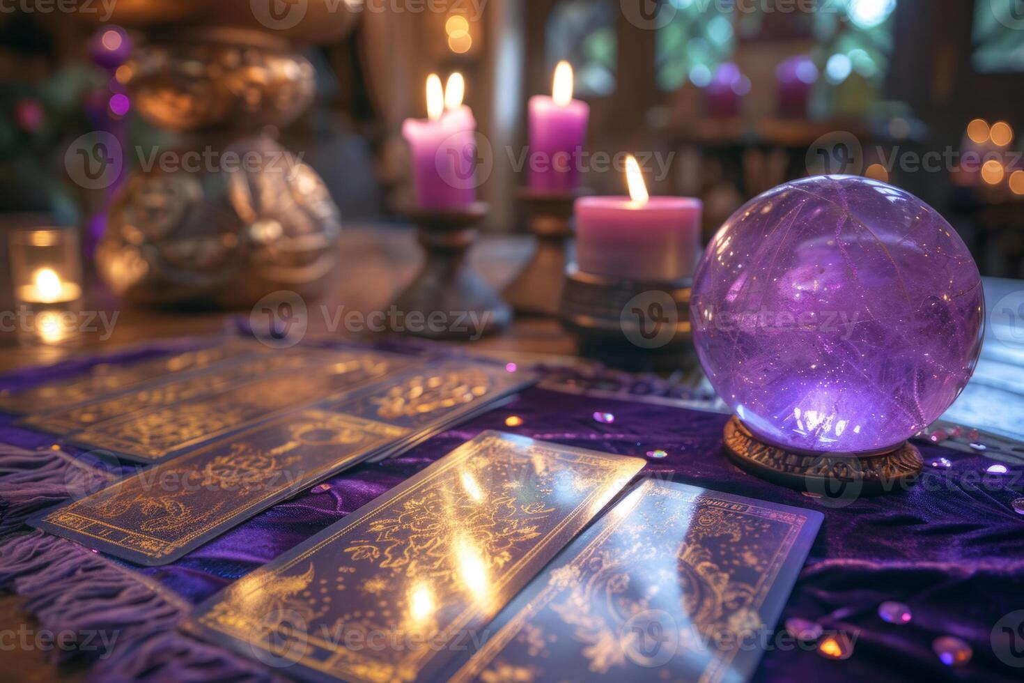 AI generated Mystic crystal ball, tarot cards and burning candles on purple background. Magic ritual or spell with esoteric symbols. Generative AI photo