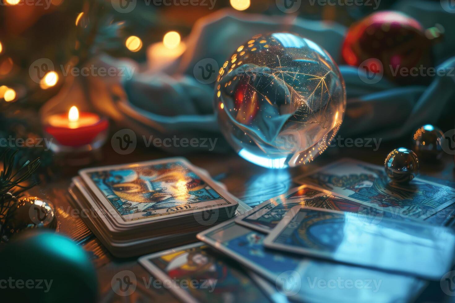 ai generado fortuna narración mesa con un magia cristal pelota y tarot tarjetas generativo ai foto