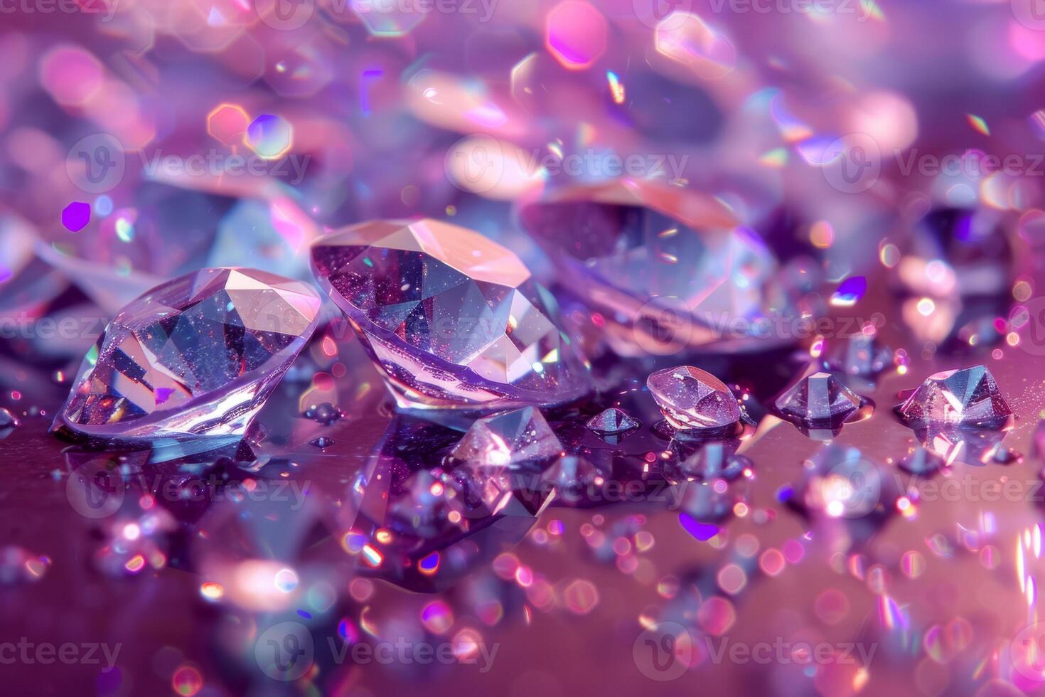 AI generated Polished sparkling diamonds scattered on a reflective surface. Precious diamonds stones. Generative AI photo