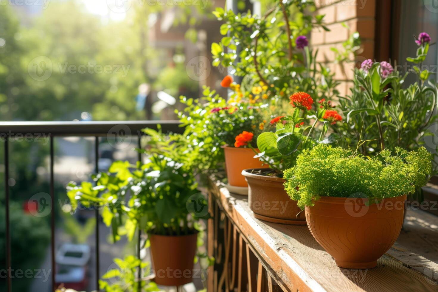 AI generated Small urban balcony garden with potted plants. Generative AI photo