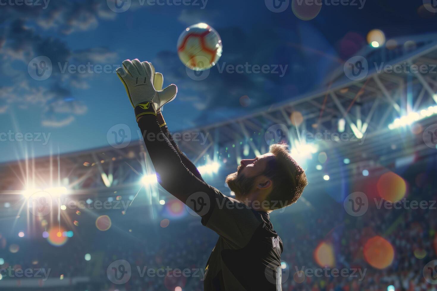 AI generated Goalkeeper catching ball at football goal on field. Generative AI photo