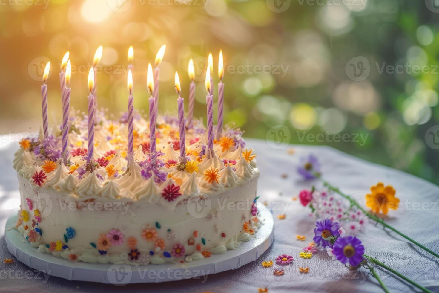 AI generated Beautifully decorated birthday cake with lit candles. Generative AI photo