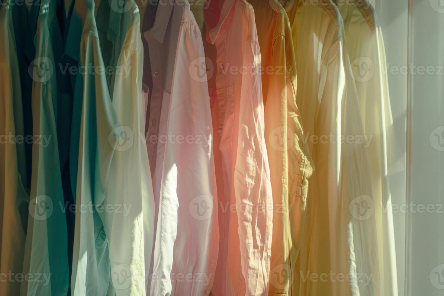 AI generated Open closet with unorganized random colorful hanging clothes. Generative AI photo