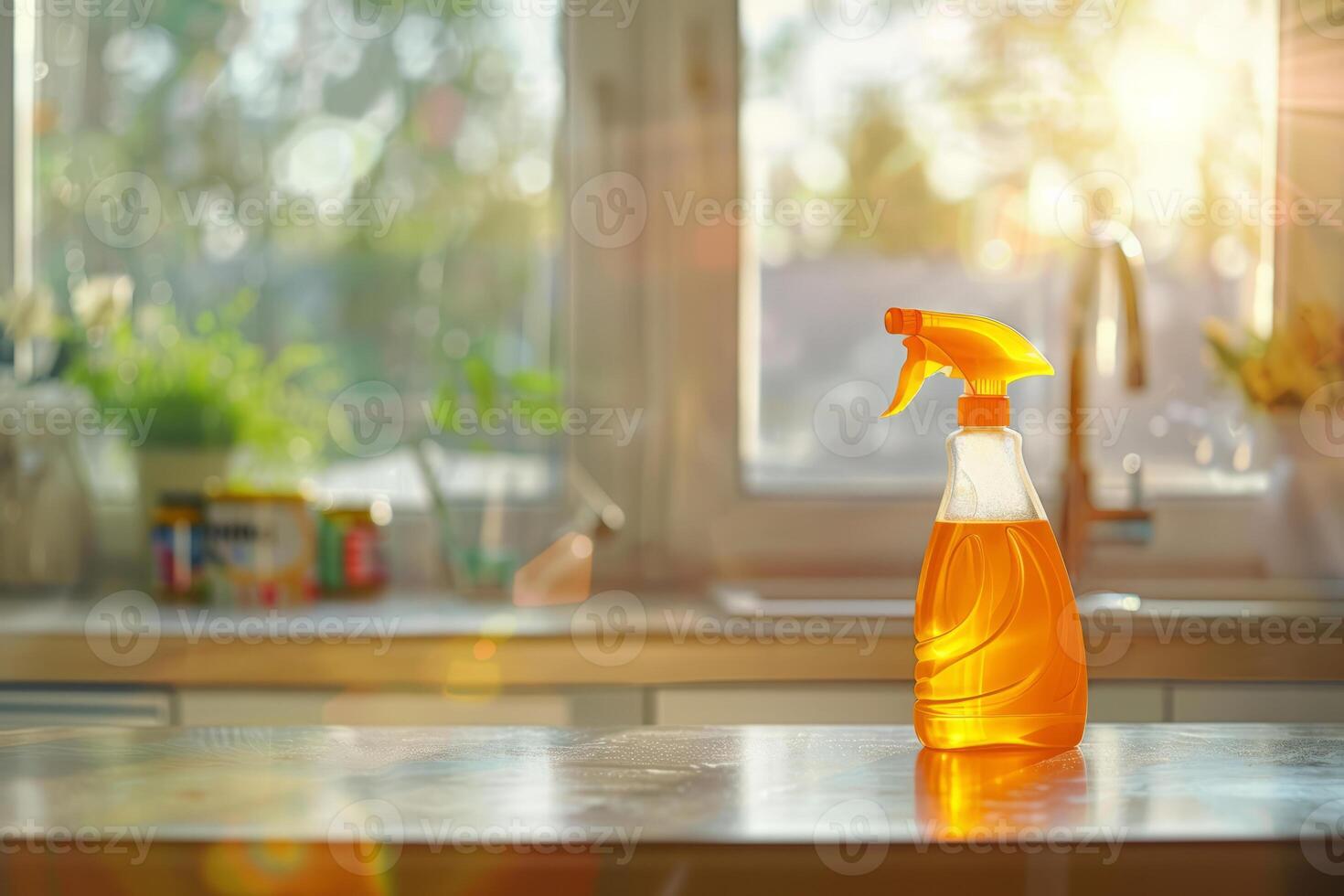 AI generated House cleaning product on blurred kitchen background. Generative AI photo