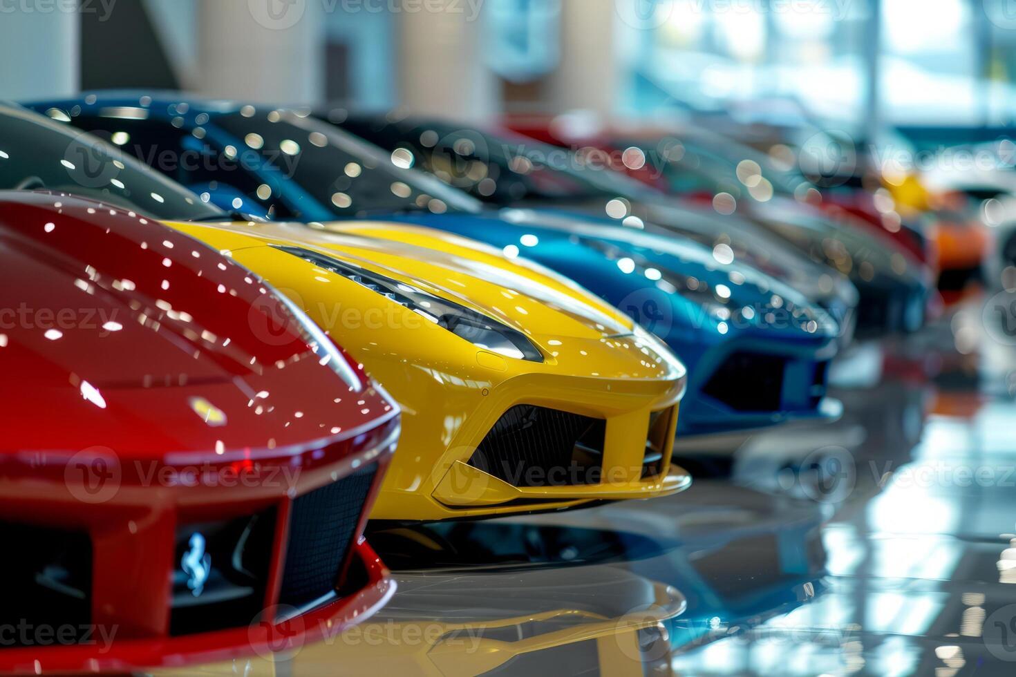 AI generated New cars in the showroom waiting for sale. Generative AI photo