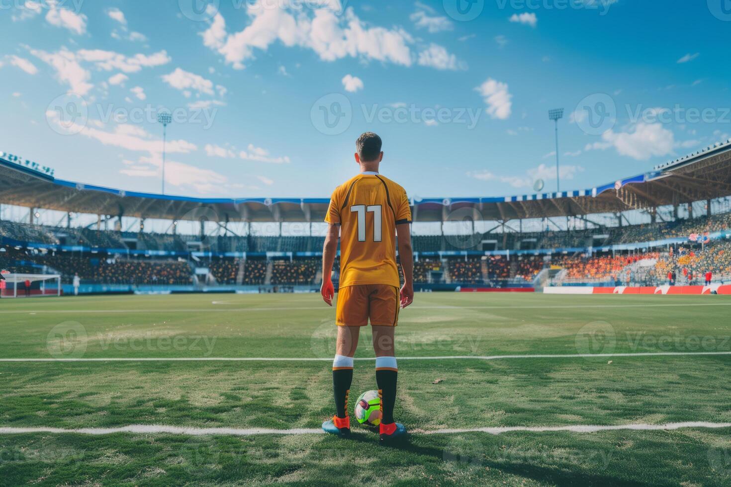 AI generated Back view of professional football player on field of stadium. Generative AI photo