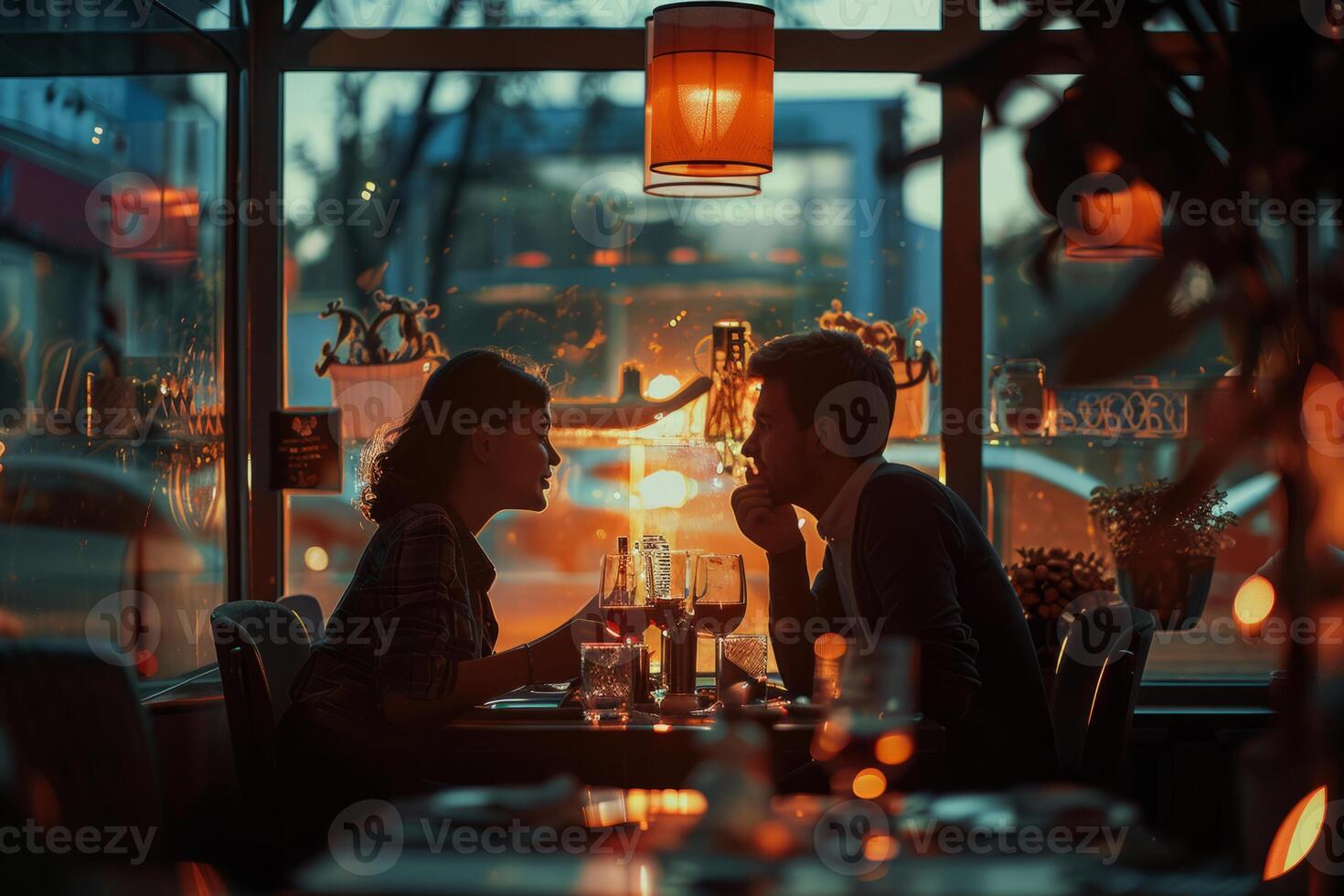 AI generated Couple is spending time together for dinner in restaurant. Generative AI photo