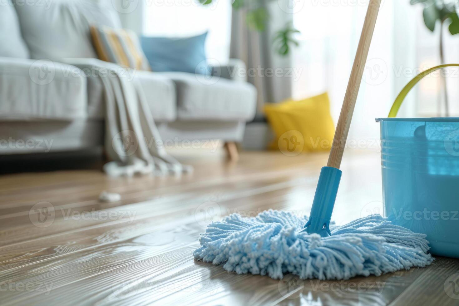 ai generado sencillo fregona metido en un laminado piso con Cubeta de agua en antecedentes. generativo ai foto