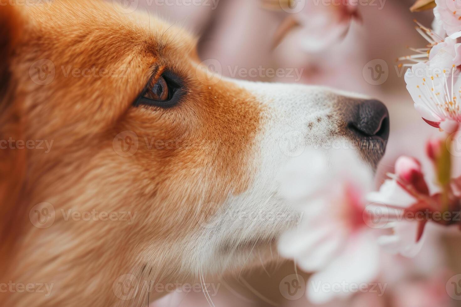 AI generated Closeup of a dog sniffing a spring blossom. Dog smelling flower. Generative AI photo