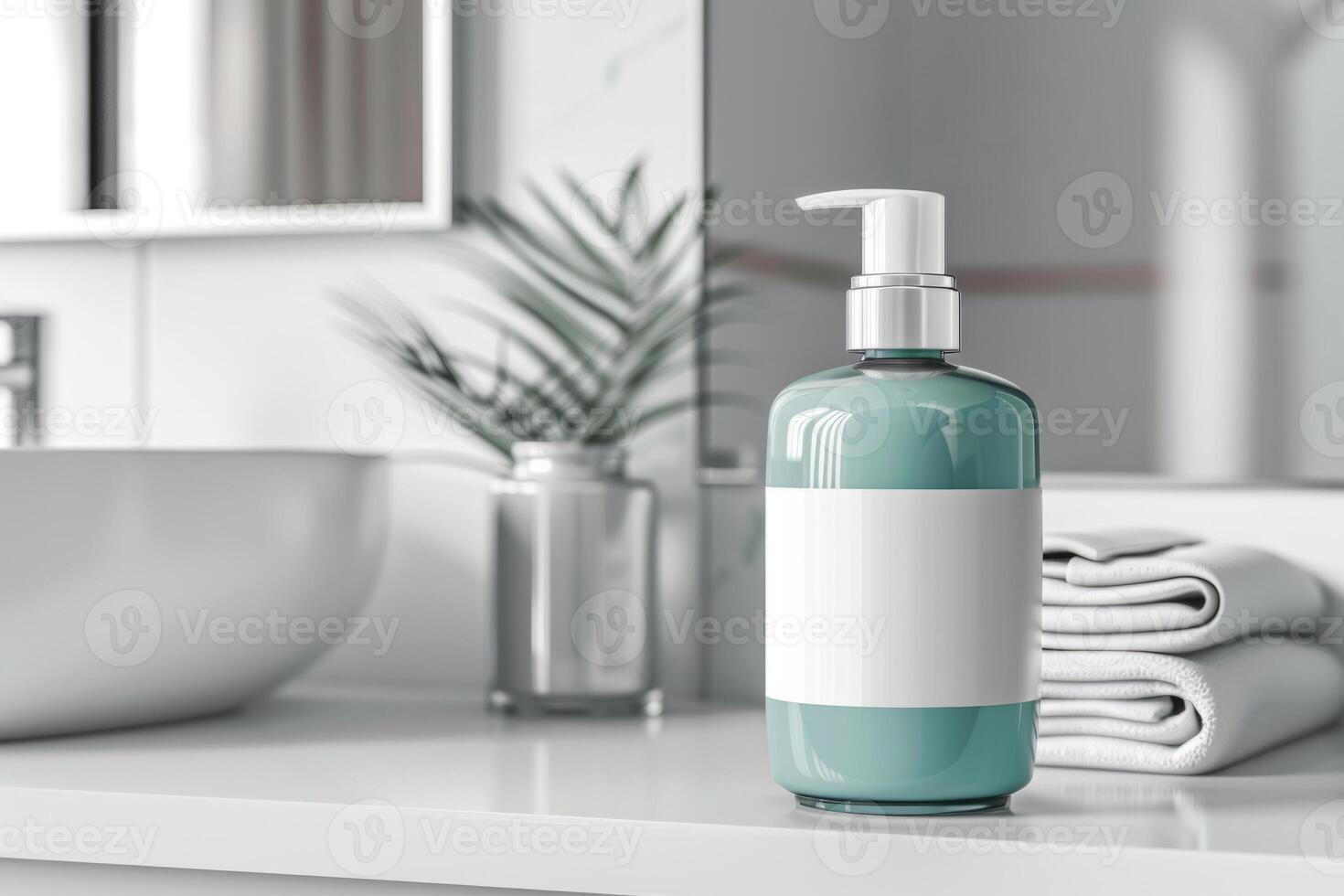 AI generated Shampoo green bottle mockup with blank label in bathroom. Minimalist style. Generative AI photo