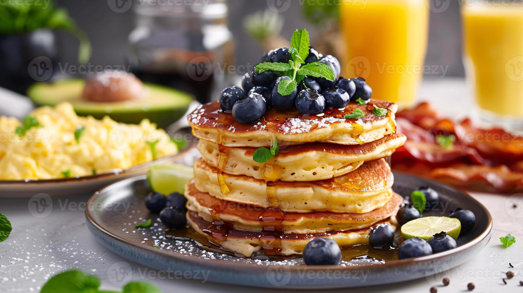 AI generated Easter Brunch Extravaganza Pancakes, Scrambled Eggs, Avocado, and Bacon Delights photo