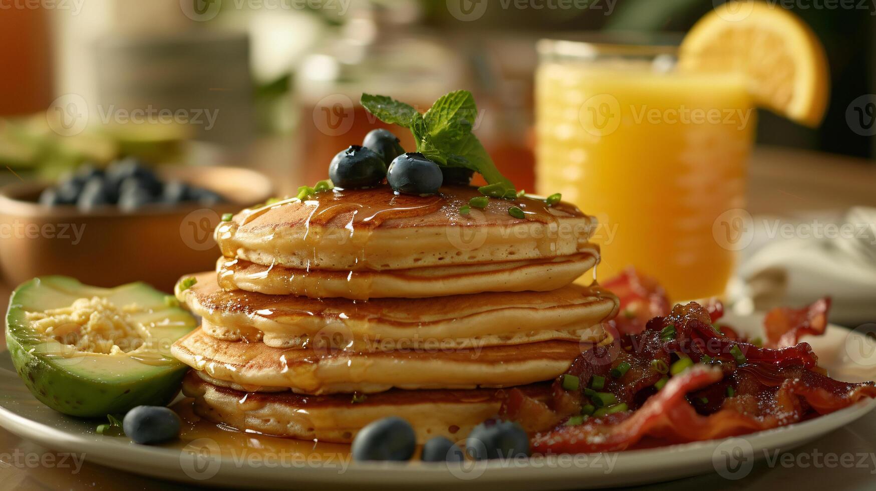 AI generated Easter Morning Feast Pancakes, Eggs, Bacon, and Fresh Citrus Delights photo