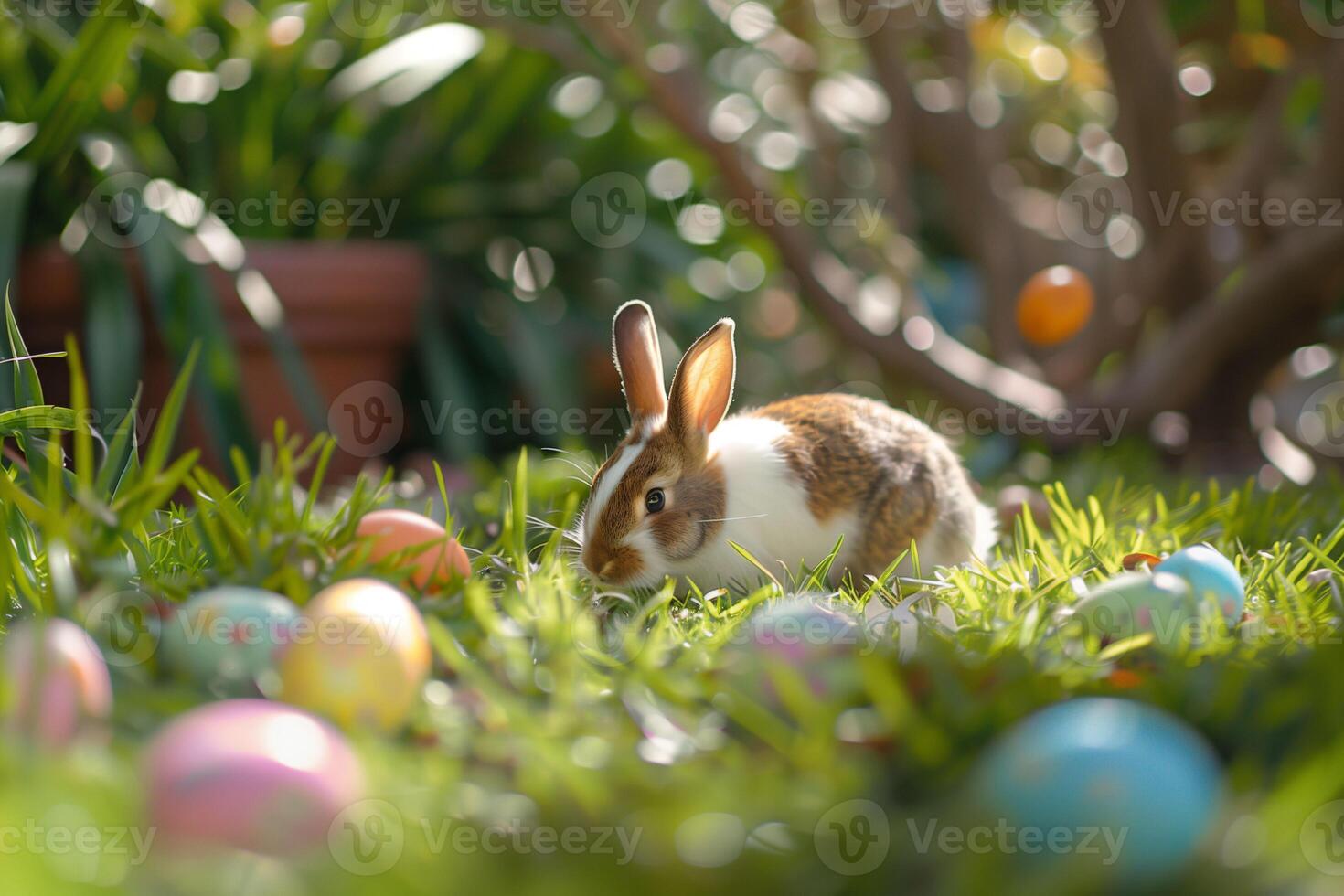 AI generated Easter Bunny's Whimsical Egg Hunt Adventure in Backyard or Park Setting photo