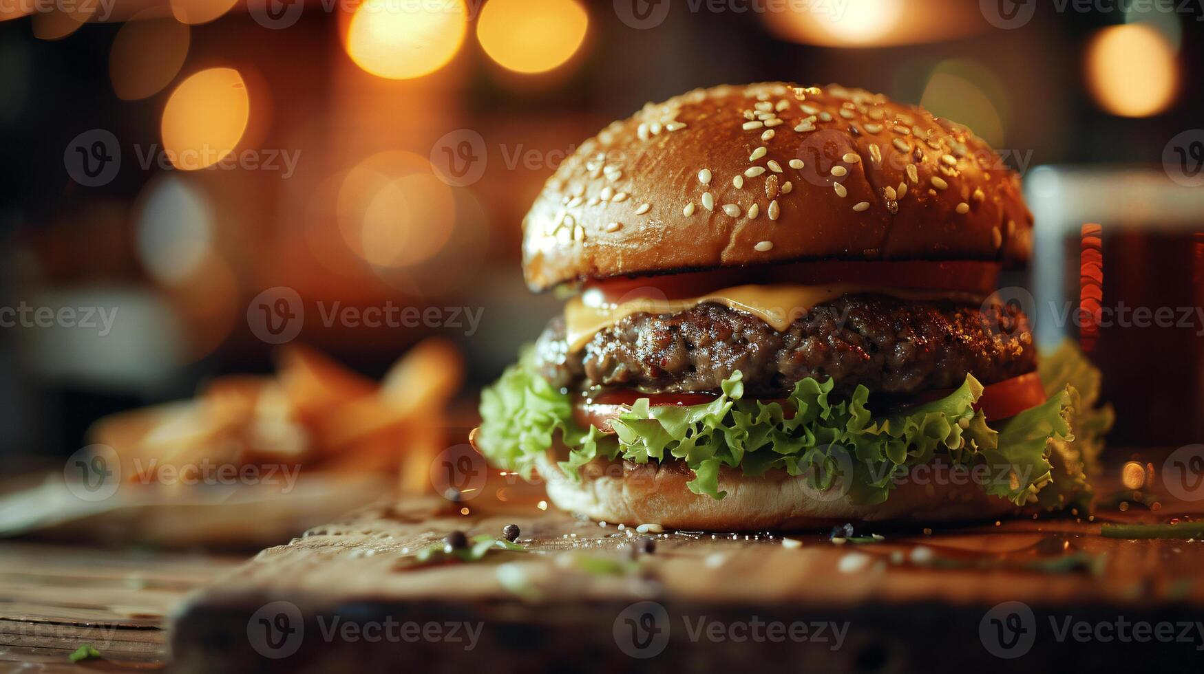 ai generado un de cerca sinfonía de un tostado sésamo semilla hamburguesa con queso en un rústico mesa, bañado en calentar destacar foto