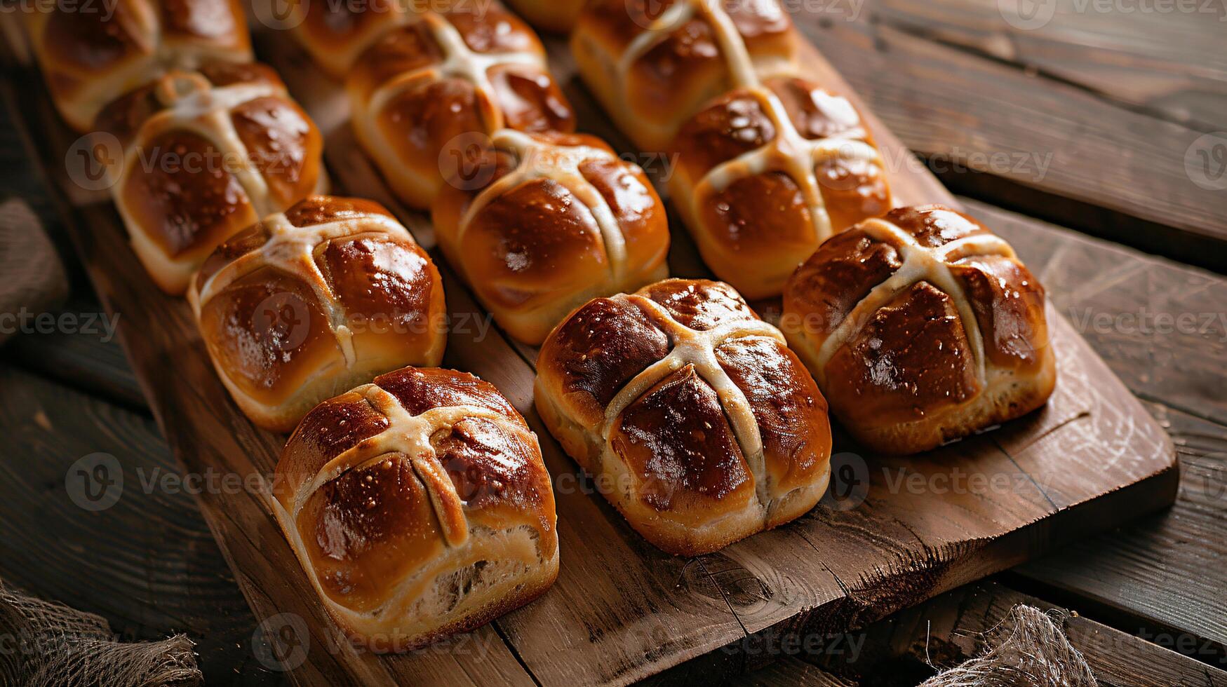 ai generado Pascua de Resurrección elegancia caliente cruzar bollos en rústico monitor foto