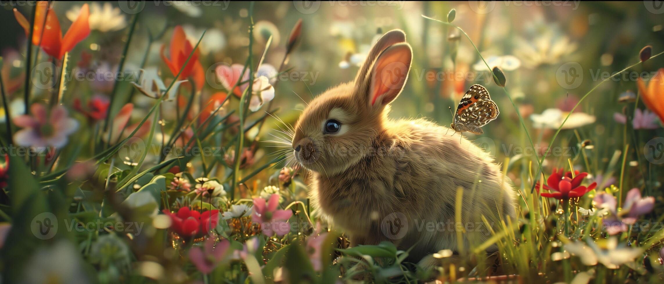 AI generated Easter Baby Bunny Amidst Enchanting Springtime Harmony with Butterfly in Meadow Blooms photo