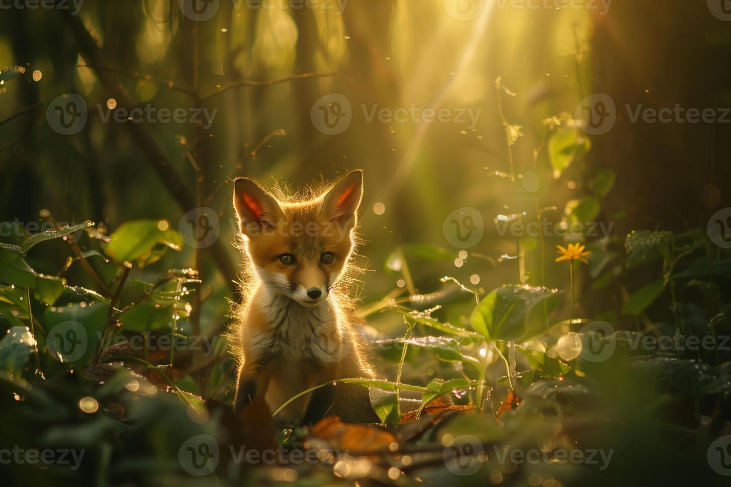 AI generated Tiny Fox Kit's First Steps Dawn's Golden Light in the Forest Clearing photo