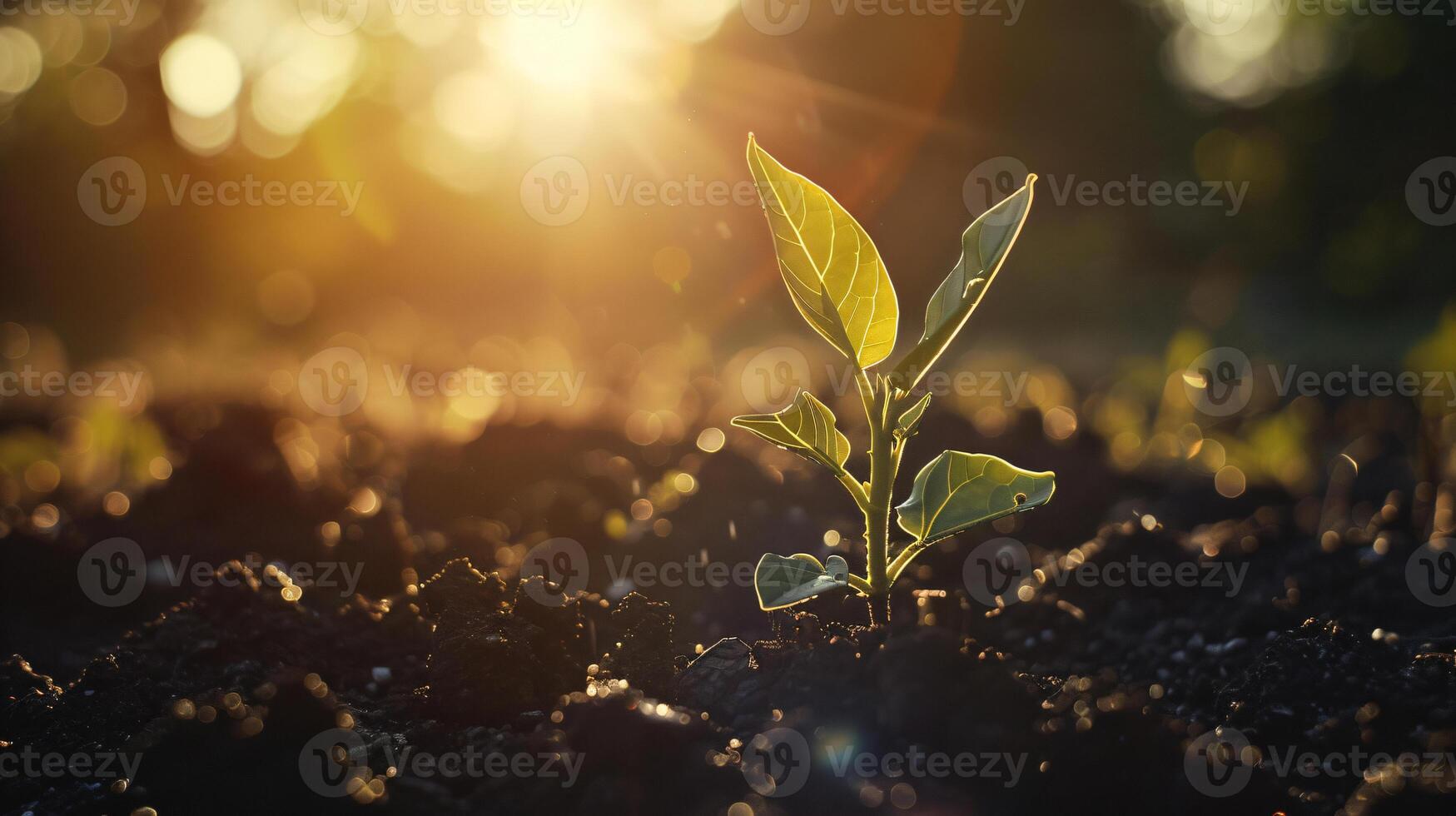 AI generated Tiny Sapling Reaches for the Light Hopeful New Life in Warm Sunlight photo