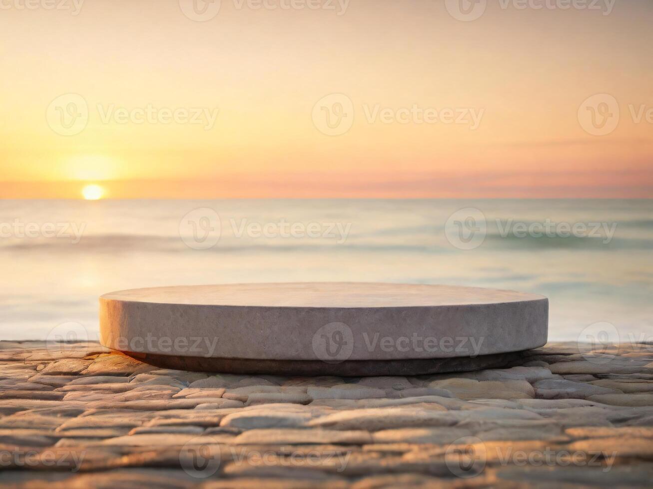 AI generated Empty round stone podium with a blurred background of sea beach sunset light and summer weather photo