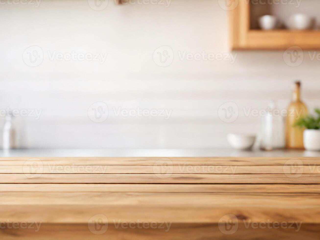 AI generated Empty wood table top and blur white kitchen background, Hardwood board for products presentation photo