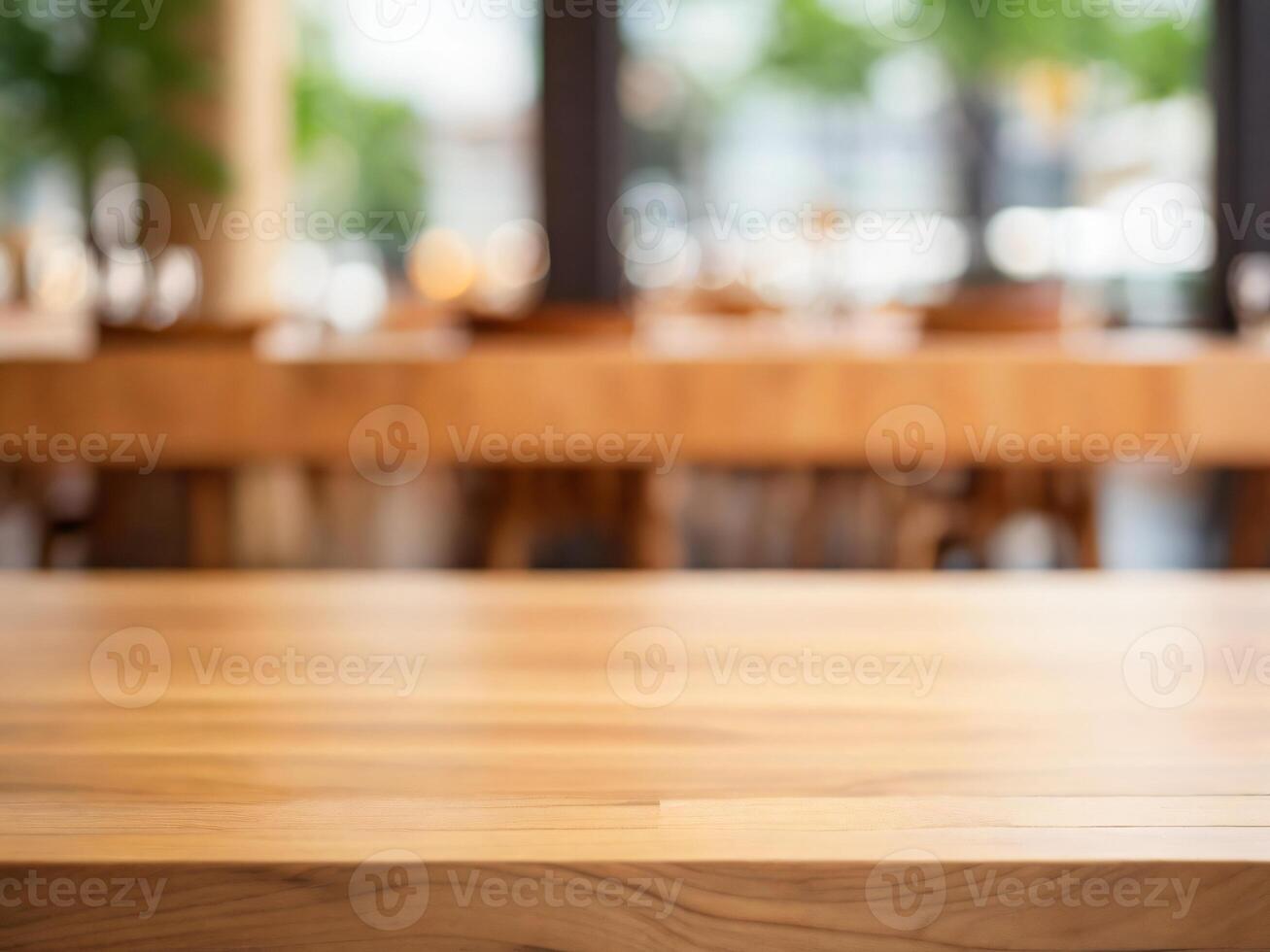 AI generated Empty wooden board table top on blur bokeh cafe interior background, Hardwood board for products presentation photo