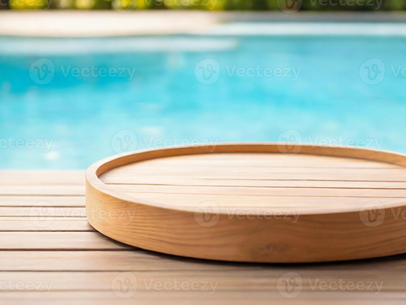 AI generated Empty round wooden podium with a blurred background of swimming pool, backdrop for displaying sunscreen products or travel products photo