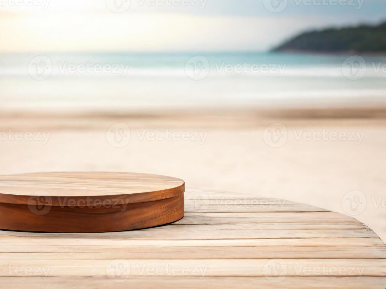 AI generated Empty round wooden podium on wood table with a blurred background of sea beach daylight and summer weather photo
