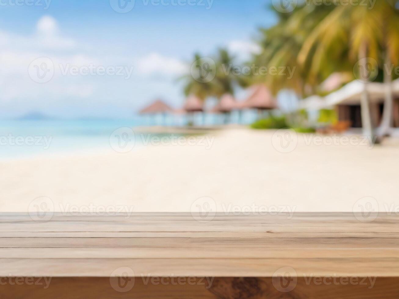 AI generated Empty wooden board top on blur resort and beach on summer, background for displaying sunscreen products or travel products photo