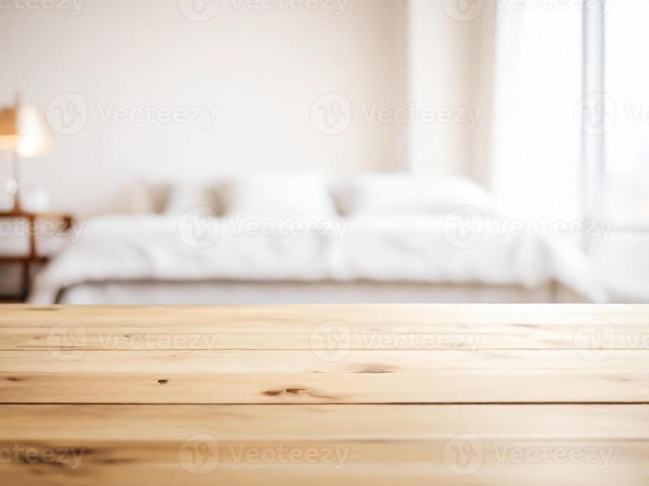 AI generated Empty wood table top on blur bedroom with light from window, Background for products presentation in Bedroom. photo