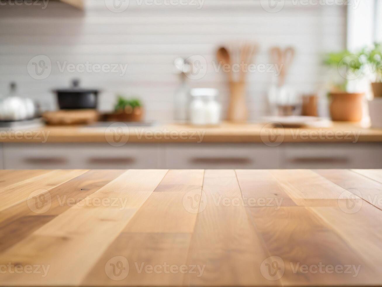 ai generado vacío de madera mesa y borroso moderno cocina antecedentes foto