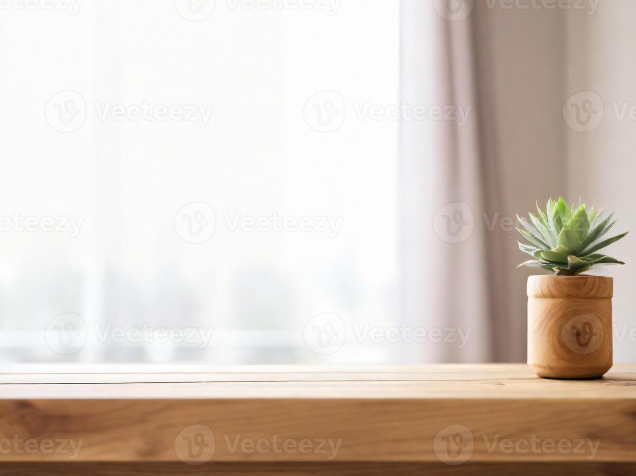 AI generated Empty wooden board top on blur cozy room background in clean and bright. There is a potted plant on the table. photo