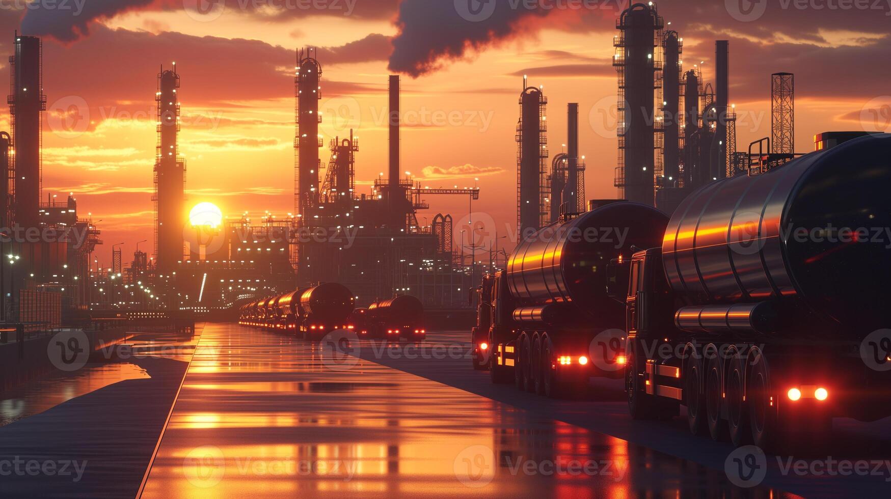 AI generated An industrial oil refinery illuminated by the warm twilight, with tanker trucks lined up and lights flickering in the dusk. photo