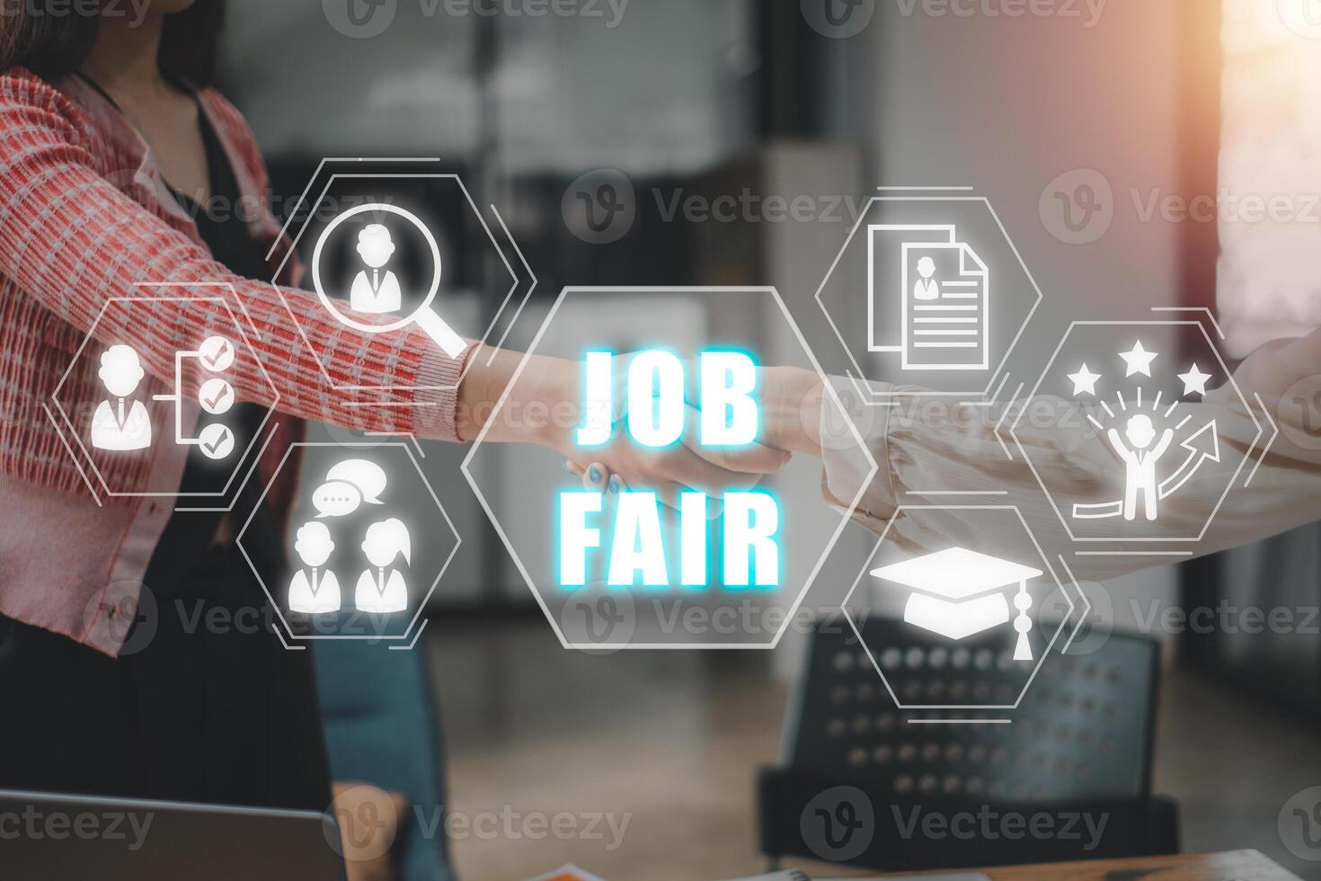 Job fair concept, Business woman making handshake with his partner in office with job fair icon on virtual screen. photo