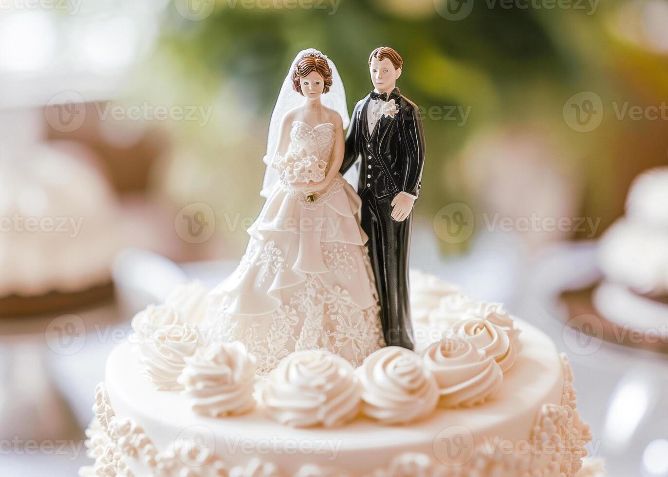 novia y novio Boda pastel sombrero de copa estatuillas foto