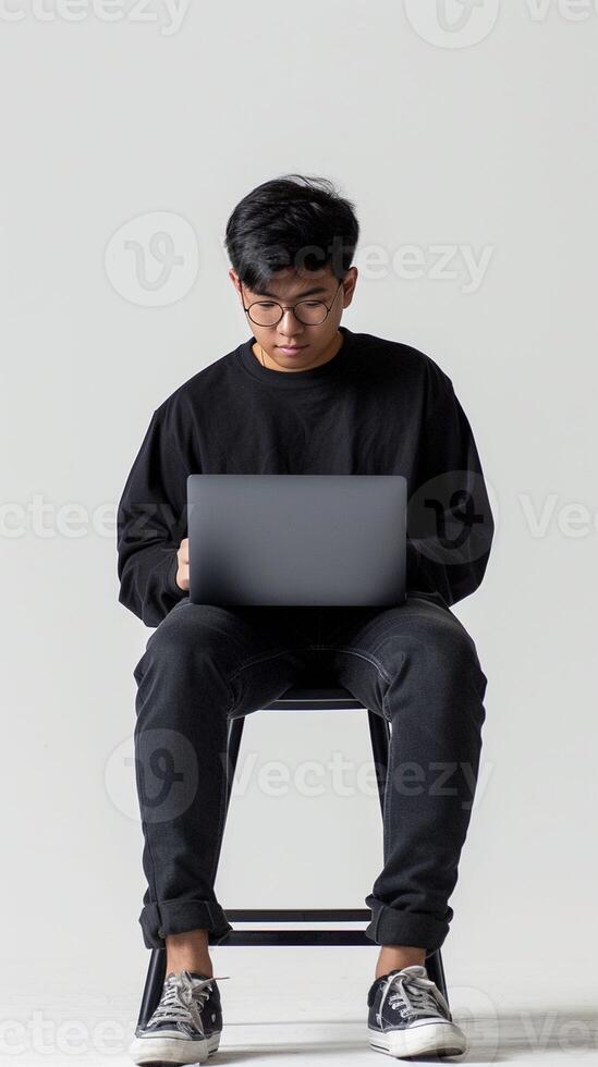 AI generated Man Sitting on Chair With Laptop photo