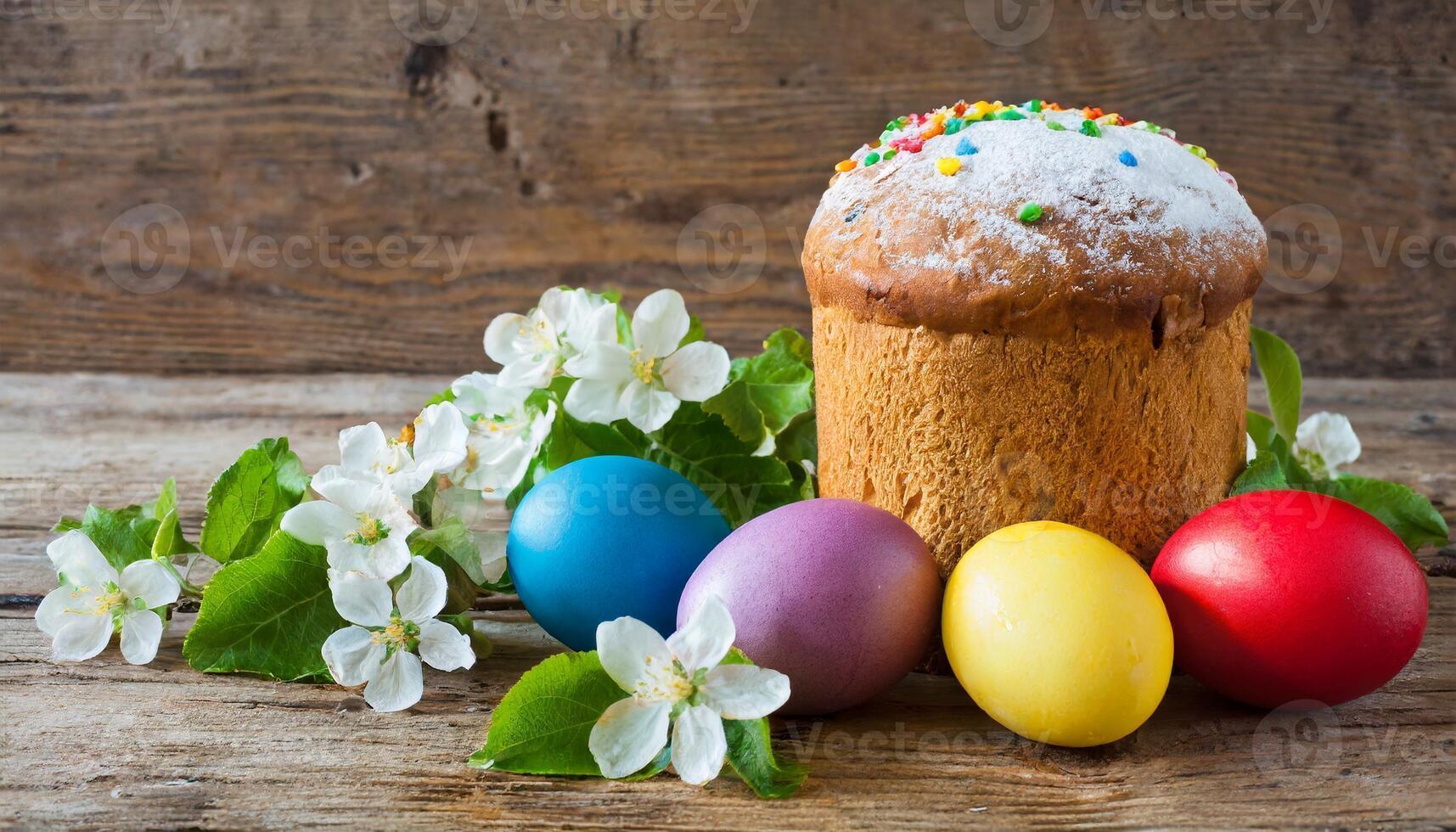 Easter egg panettone bread cake background Happy easter spring holiday tulip photo