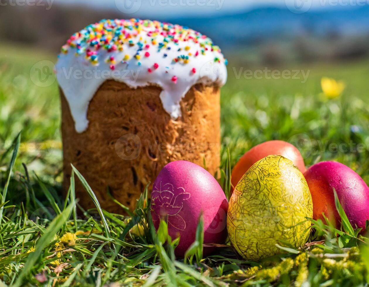 Easter egg panettone bread cake background Happy easter spring holiday tulip photo